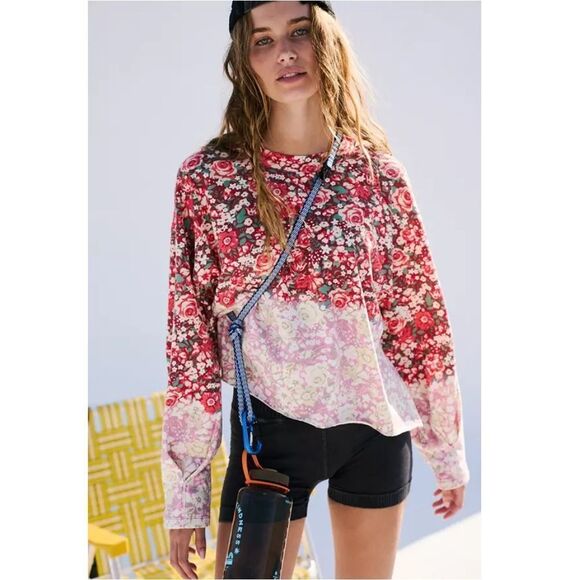 Free People Tops - NWT Free People Faded Poppy Red Floral Long Sleeve Oversized Boxy Cropped Chic
